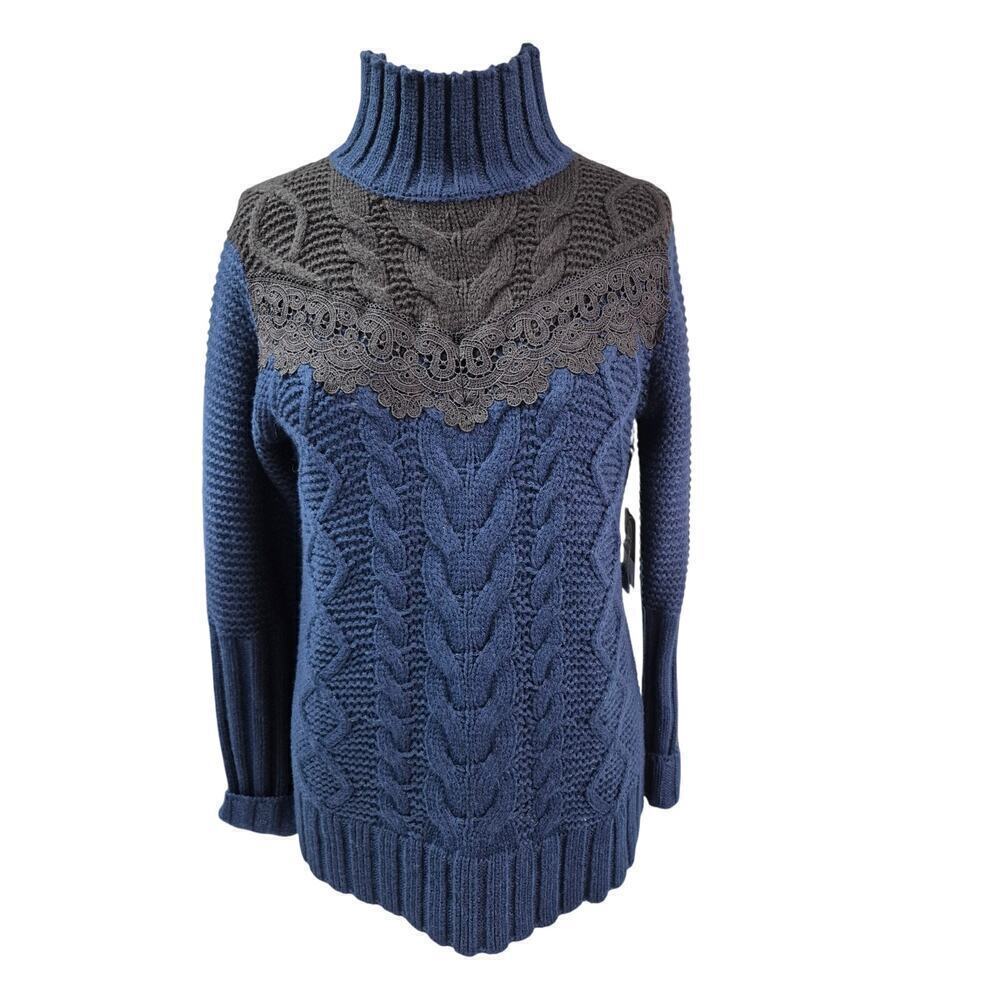 NWT Simply Vera Vera Wang Gilded Opulence Navy/Black Knit Tunic Sweater Lace  M